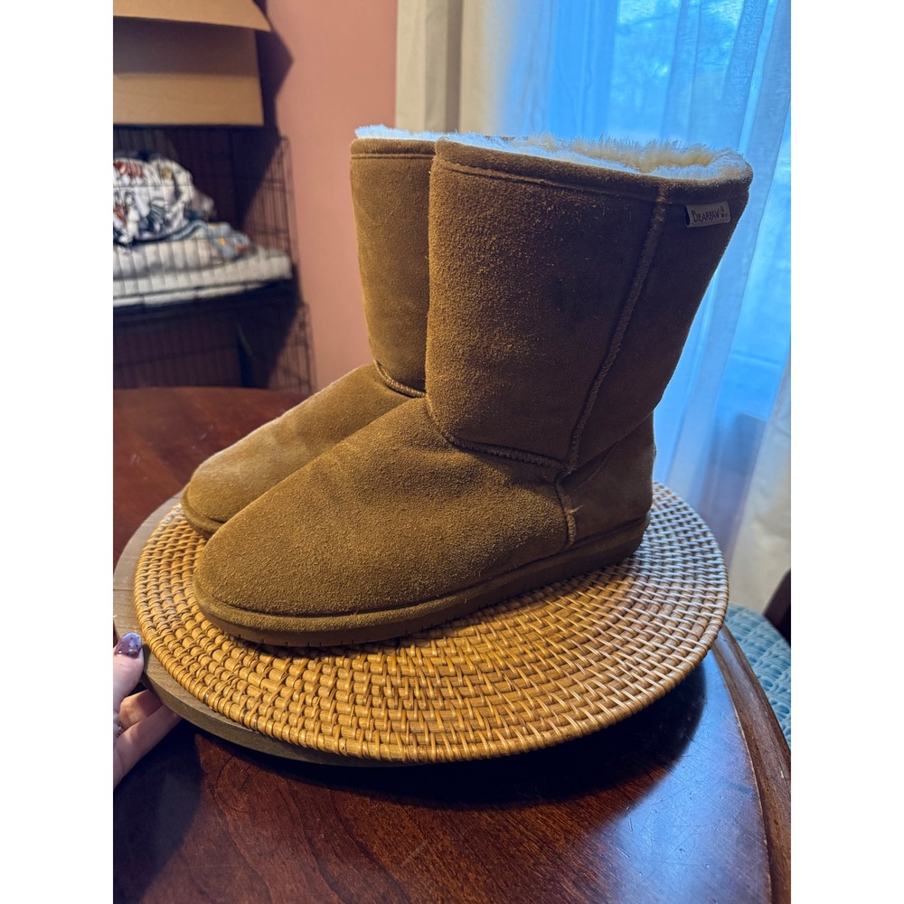 Bearpaw Elle Short Hickory Suede Sheepskin Fur Winter Boots Tan Womens 10